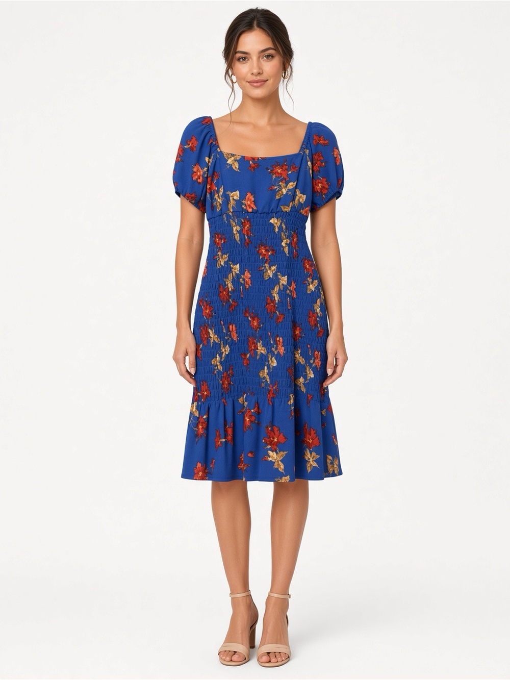 Leith Blue Floral Square-Neck Puff Sleeve Midi Dress